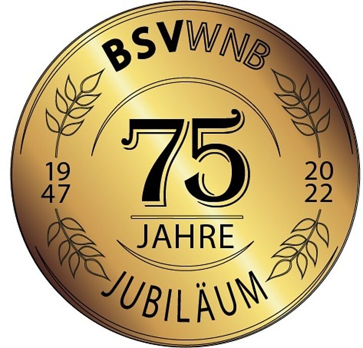 Kreisrundes Jubiläumslogo in Gold – Textinhalt: BSVWNB 75 Jahre Jubiläum; links und rechts davon die Jahresdaten mit Lorbeerzweigen: 1947 2022