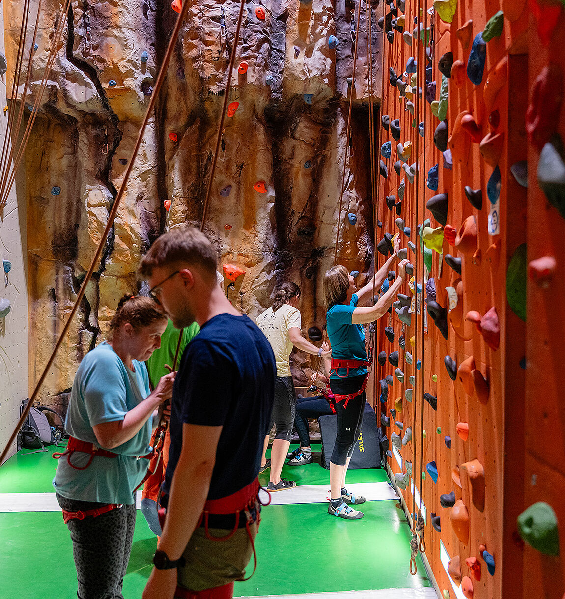 In der Kletterhalle bereiten sich einige Personen auf das Klettern vor, mit Seil gesichert. Eine Person hat vor der Wand stehend bereits die Hände an Klettergriffen.