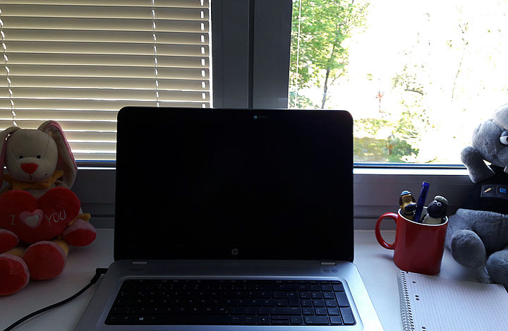 Ein Fensterbrett zum Büro umfunktioniert, mit Notebook, Tasse, Stift und Block, flankiert von Stofftieren