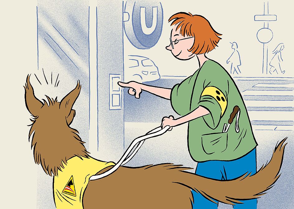 Die Zeichnung zeigt einen dunkelbraunen Golden Retriever mit gelber Kenndecke und Führgeschirr vor einer Aufzugstür einer U-Bahn. Hinter ihm eine junge Frau mit gelber Armschleife, die die Aufzugs-Ruftaste drückt.