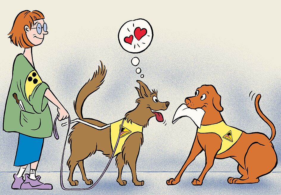 Die Zeichnung zeigt einen dunkelbraunen Golden Retriever mit gelber Kenndecke und Führgeschirr, hinter ihm eine junge Frau mit seiner Leine in ihrer Hand. Über seinem Kopf zwei Herzen in einer Denkblase, ihm gegenüber ein anderer Hund mit Kenndecke und Papieren im Maul.