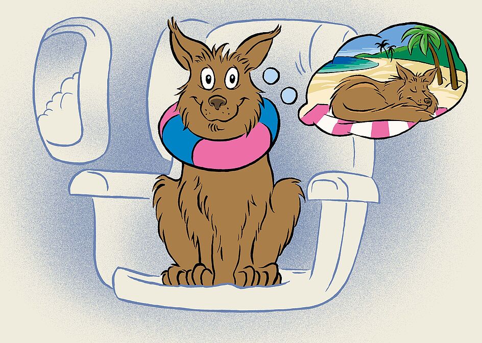 Zeichnung: Ein Hund mit Schwimmreifen um den Hals auf einem Fenstersitz im Flugzeug, in seiner Denkblase liegt er auf einer Decke am Palmenstrand.