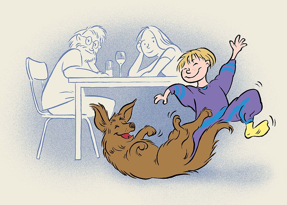 Zeichnung: Ein Hund wälzt sich am Rücken, ein Kind tanzt um ihn herum. Dahinter am Tisch Vater und Mutter mit Trinkgläsern, die ihnen dabei zusehen.