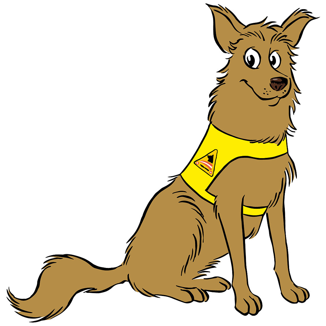 Die Zeichnung zeigt einen dunkelbraunen Golden Retriever mit gelber Kenndecke und darauf angedeutetem Assistenzhunde-Logo. Führhund Louis sitzt auf seinen Hinterbeinen und blickt mit gespitzten Ohren und großen Augen freundlich drein.