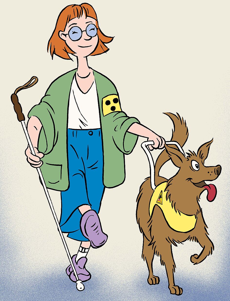 Die Zeichnung zeigt einen dunkelbraunen Golden Retriever mit gelber Kenndecke, Führgeschirr und fröhlich heraushängender Zunge, hinter ihm geht eine junge Frau mit der Hand am Führgeschirr, in der anderen Hand den Weißen Stock.