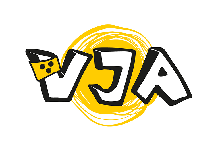 Das Logo ist ein Graffiti Style Schriftzug: VJA mit einem gelben Sichtfeld im Hintergrund. Am Buchstaben V ist eine Blindenschleife platziert.