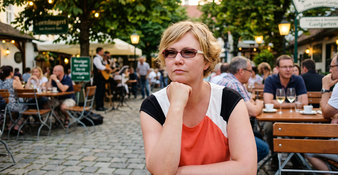 Eine Frau mittleren Alters, die in einem Schanigarten sitzt. Sie sieht betrübt aus und trägt eine getönte Brille.